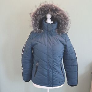 Free Country Women's Small Teal Puffer Jacket with Faux Fur Hood